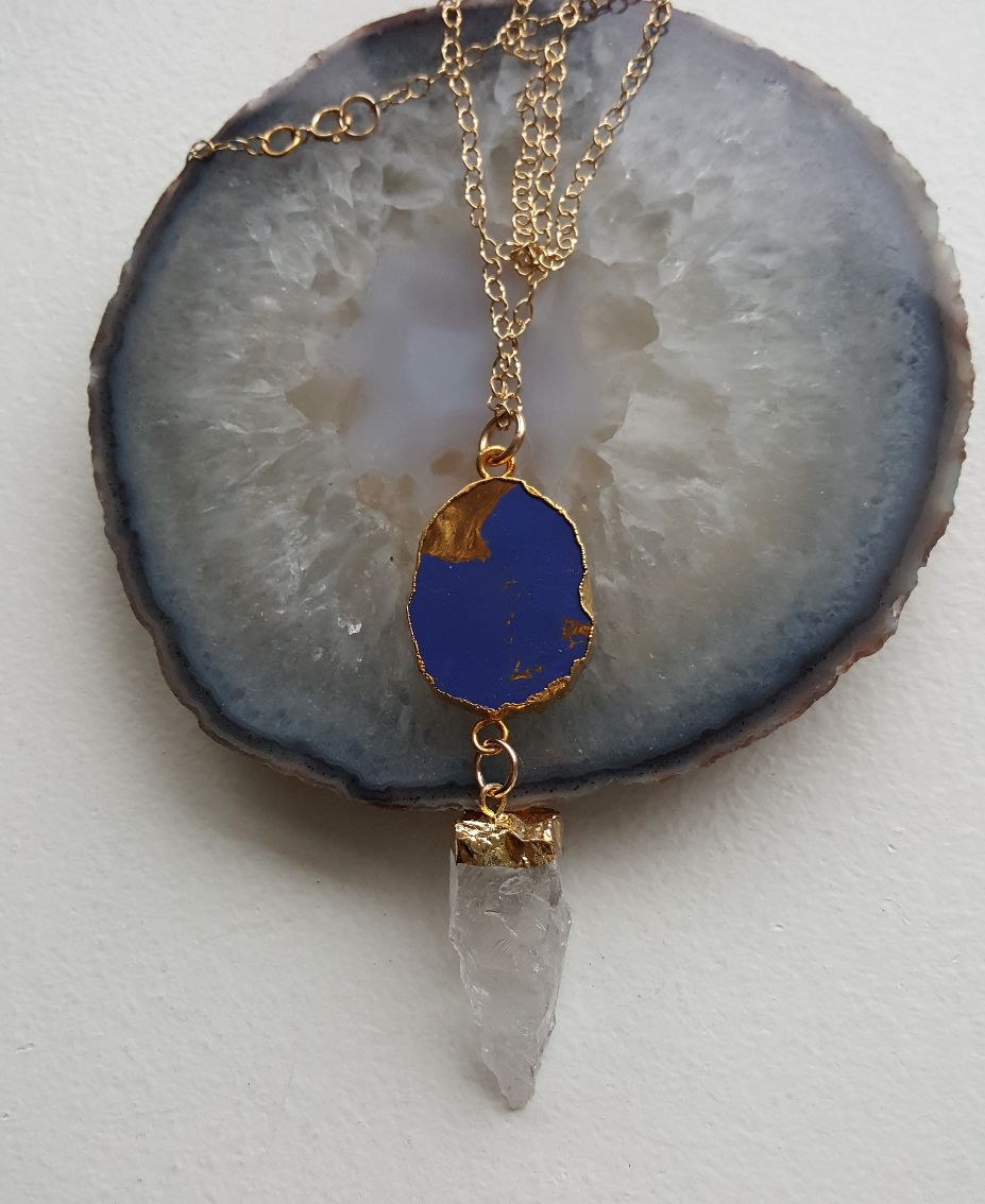 Stunning lapis chunk pendant, dangling crystal quartz drop, GF chain