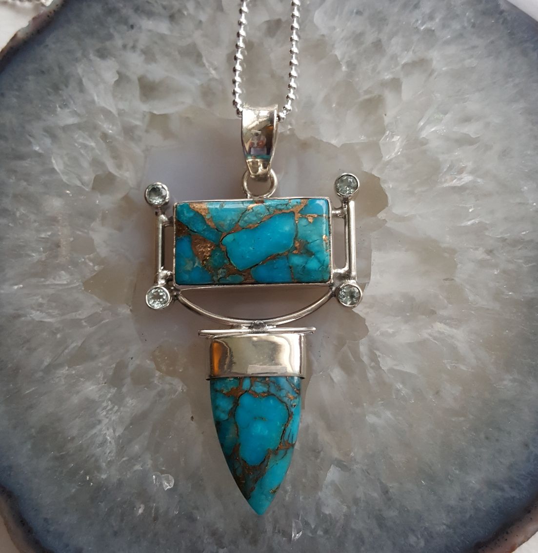 Fabulous Turquoise-copper in sterling frame on sterling ball chain