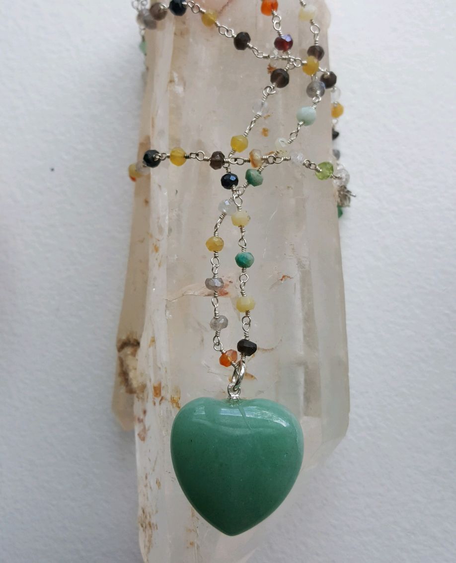 Amazonite puff heart, on multi-stone rosary chain, 23″