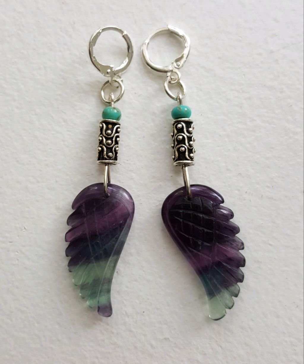 Purple and Green Fluorite Angel Wings on sterling wire, tubes and levers