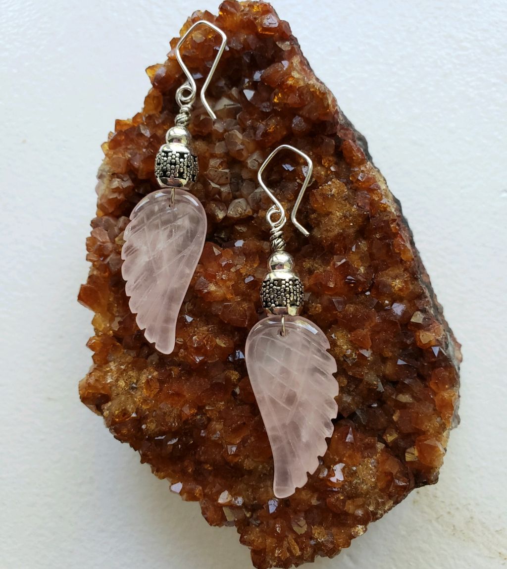 Rose Quartz Angel Wing earrings, sterling detailed puff beads on angled sterling wires