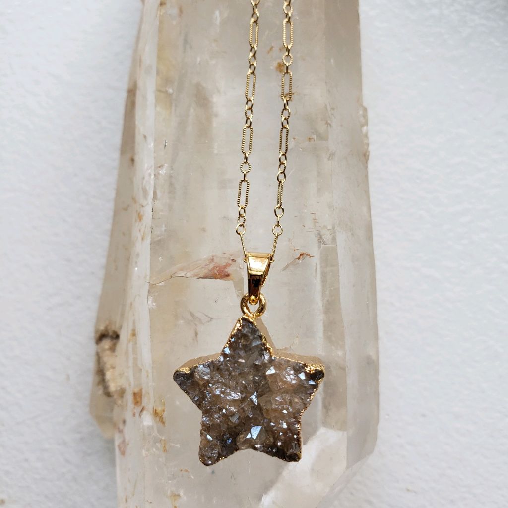 Beige druzy star, 24 K electroplated edges, bail, on gold filled chain