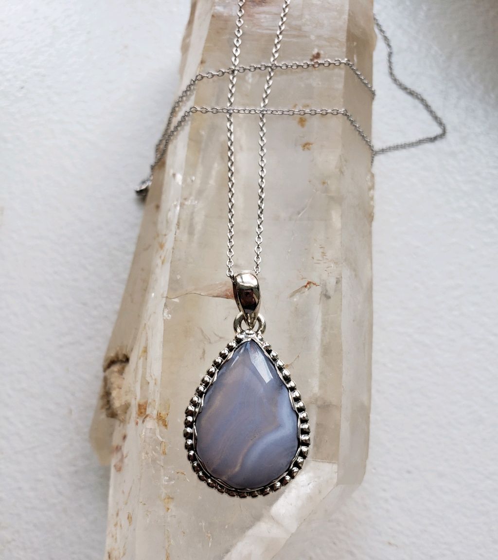 Blue lace agate, sterling decorative edging teardrop on sterling chain