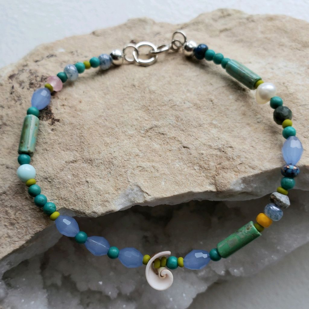 Narrow turquoise, blue glass, agates, sterling clasp